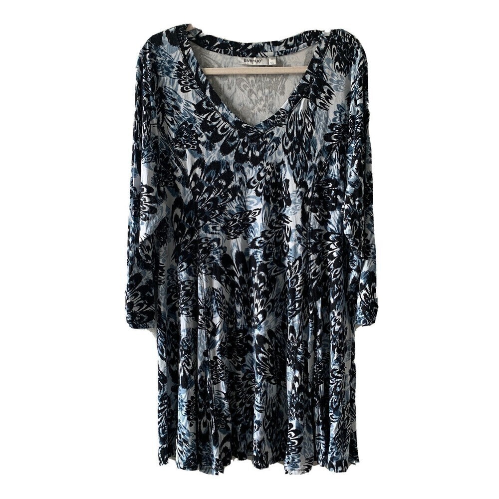 Avenue Womens Plus Size 1X Multicolor Stretch Scoop Neck Flowy A-Line Dress
